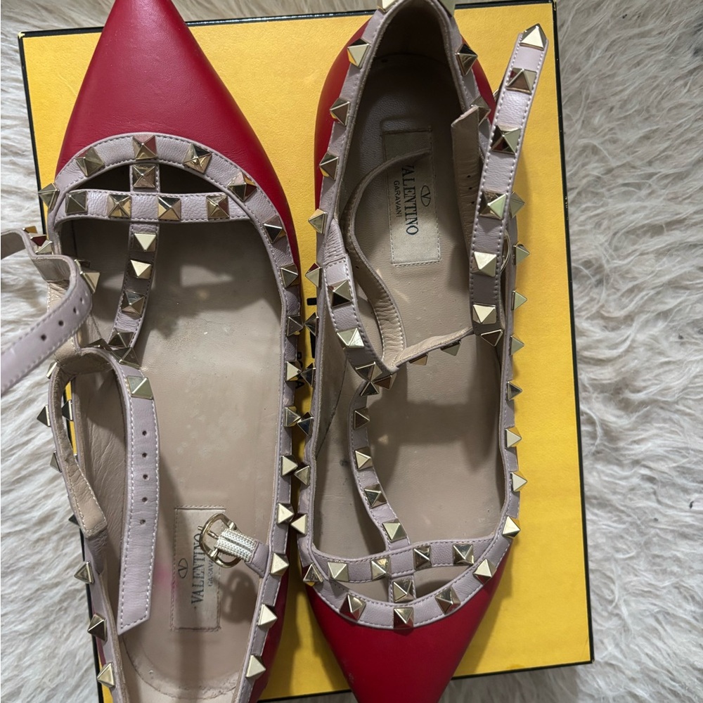 Valentino Red Pointed Rockstud T-Strap Flats with Nude Trim
